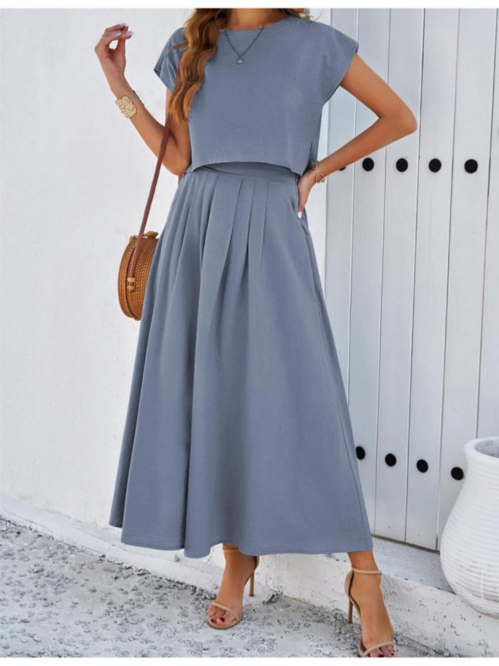 Women's Grey Blue 2 Piece Outfits Skirt Set Summer Casual Cap Sleeve Crop Tops - Picture 3 of 4